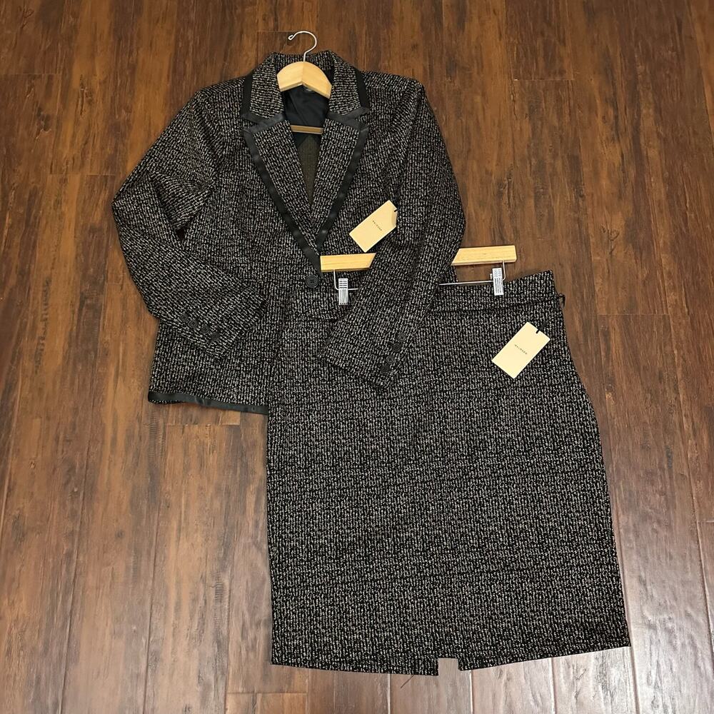 HALOGEN Blazer Skirt Suit Set Tan Black Tweed Office Business NWT